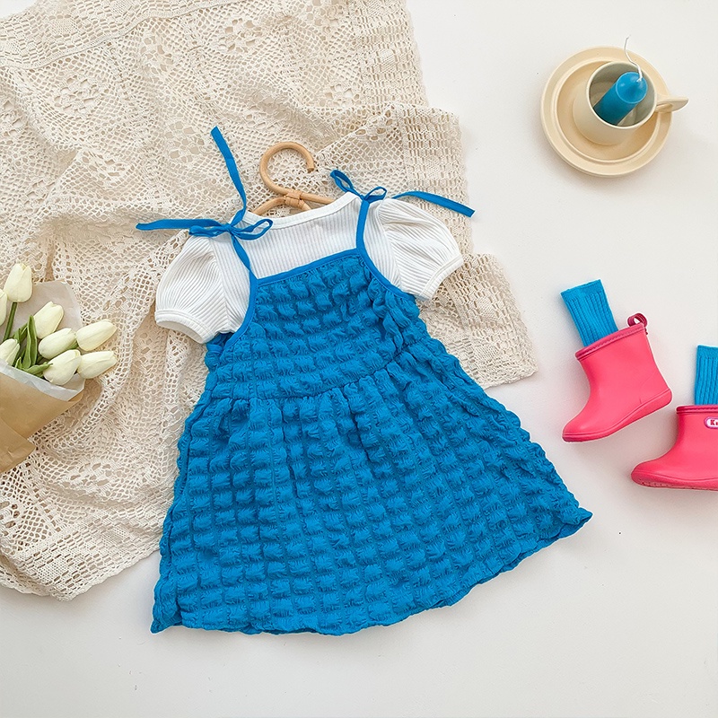 Set Áo Thun Ngắn Tay + Đầm Hai Dây Họa Tiết Caro Thời Trang Mùa Hè Cho Bé Gái 1 Tuổi
