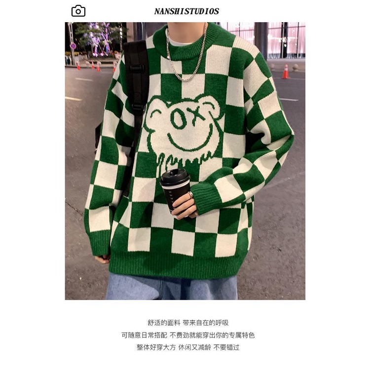 🔥Áo Khoác Sweater🔥Dệt Kim Dáng Rộng Cổ Tròn Họa Tiết Kẻ Ô Thời Trang Thu Đông Cho Nam FARU133