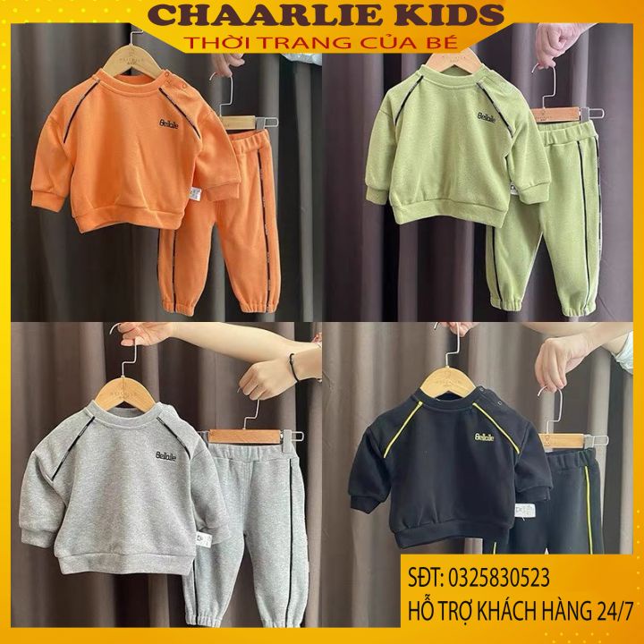 Bộ Nỉ Thu Đông Dài Tay Cho Bé Trai Và Bé Gái Chất Liệu Da Cá Cho Bé 8 Đến 28kg Chaarlie Kids