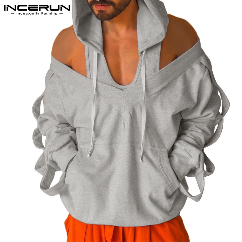 Áo sweatshirt INCERUN tay dài thiết kế khoét lỗ thời trang màu trơn có mũ trùm cho nam