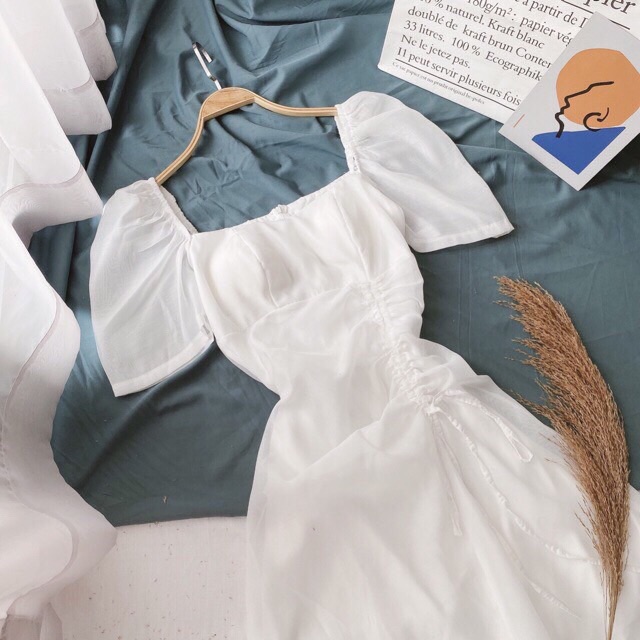 Đầm trắng dự tiệc cổ vuông nhíu eo ( Hình chụp sàn ) | BigBuy360 - bigbuy360.vn