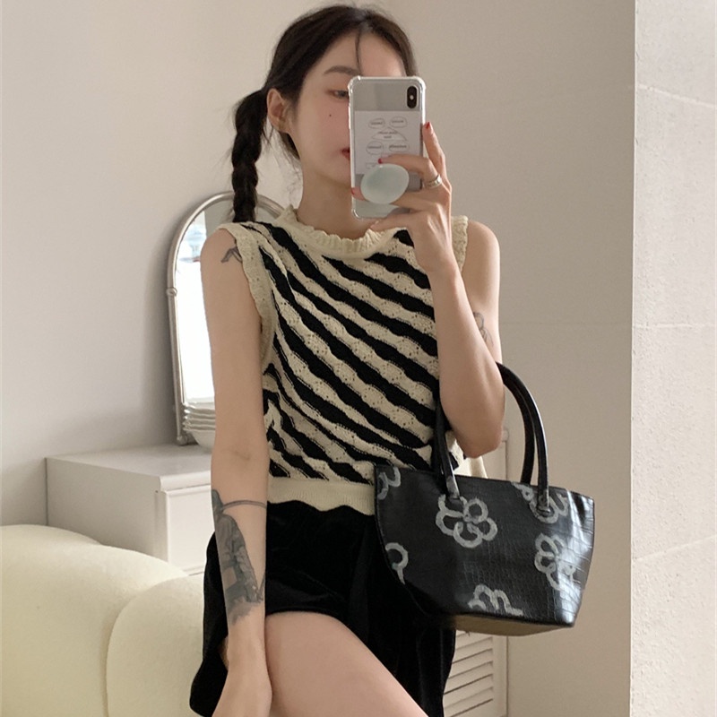 Áo Dệt Kim Sát Nách Kẻ Sọc Thời Trang Ngọt Ngào Cho Nữ