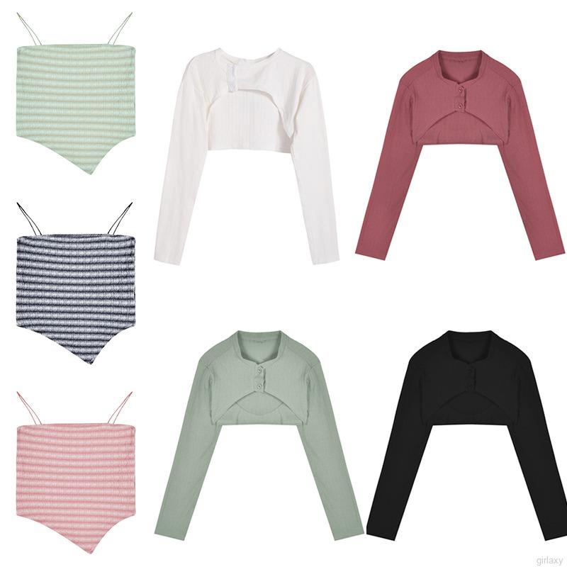 Áo croptop hai dây họa tiết sọc tà không cân xứng/ Áo khoác cardigan tay dài màu trơn thời trang hàn quốc (bán lẻ)