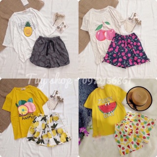 Bộ ngủ hoa quả cotton quần đùi có video và ảnh thật