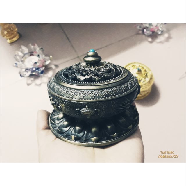 Lư xông trầm, đỉnh đồng mật tông khắc bát bảo cát tường lớn 9.5x7cm