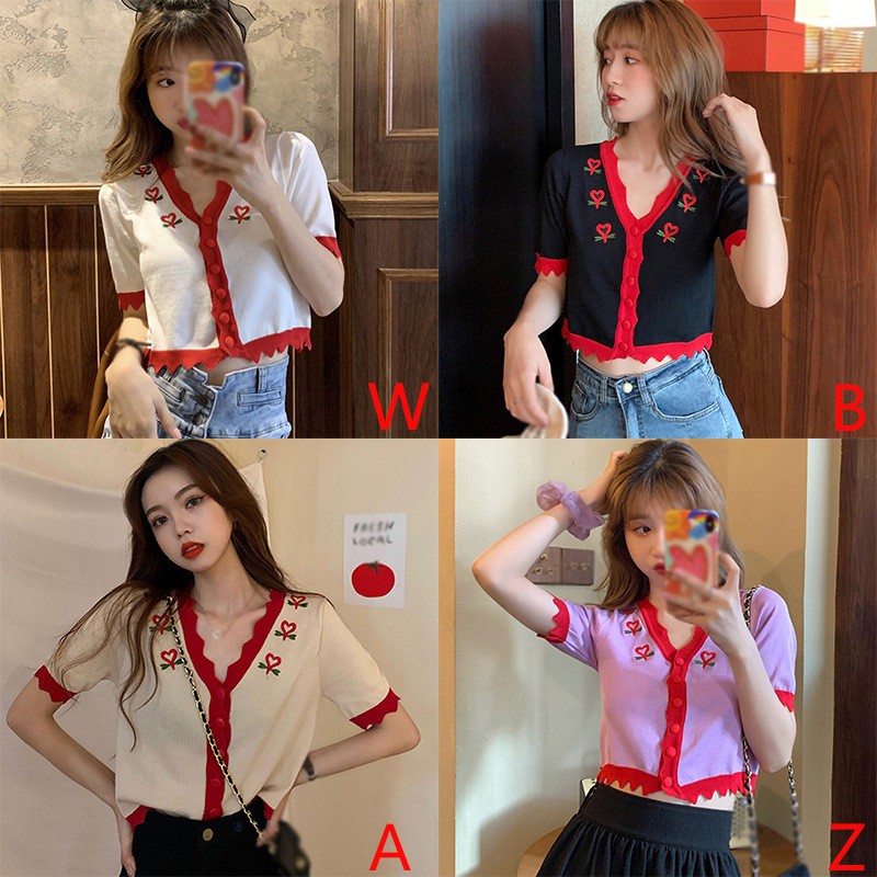 Áo Cardigan Ngắn Tay Cổ Chữ V In Họa Tiết Xinh Xắn Theo Phong Cách Hàn Quốc