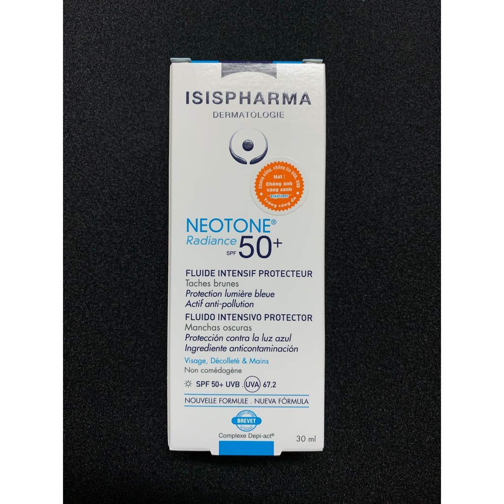 Isispharma Neotone Radiance SPF 50+ (30 ml): Kem chống nắng, mờ nám và sáng da.