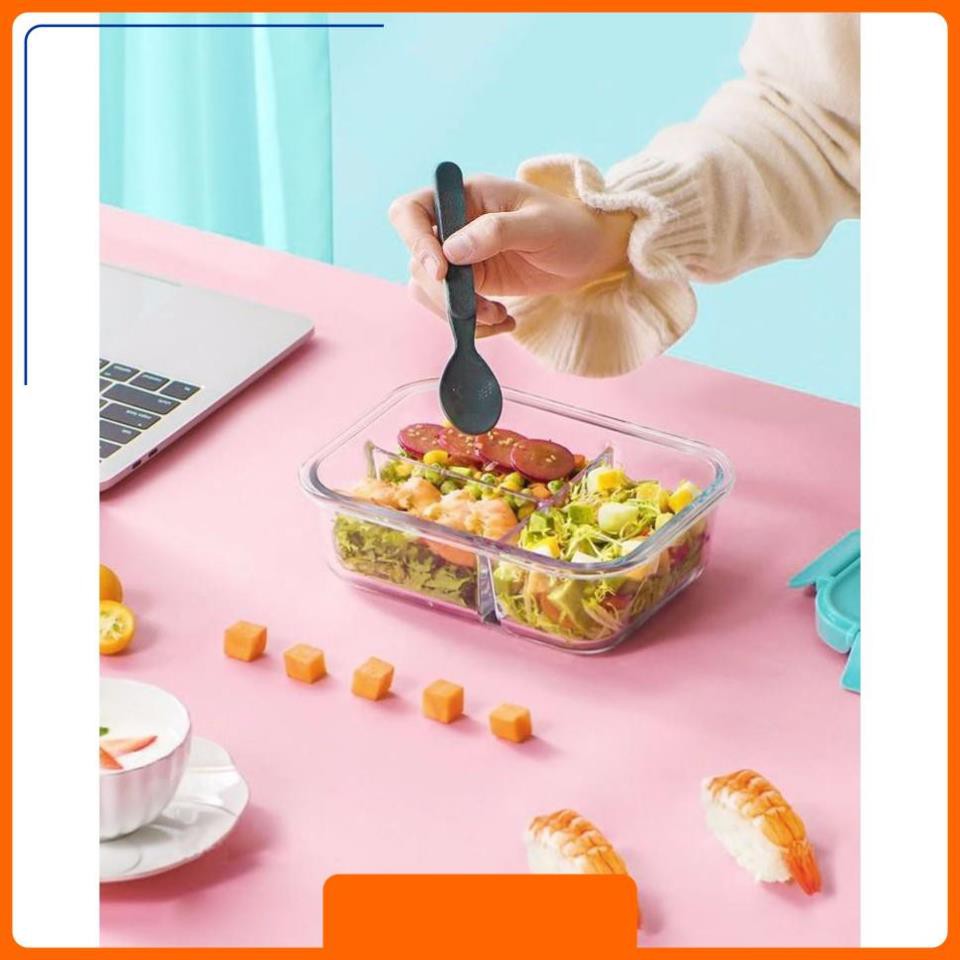 Hộp cơm trưa bằng thủy tinh chịu nhiệt 3 ngăn Nhật Bản, có 4 khóa đóng kín, van xả hơi - Tằng kèm thìa và đũa inox