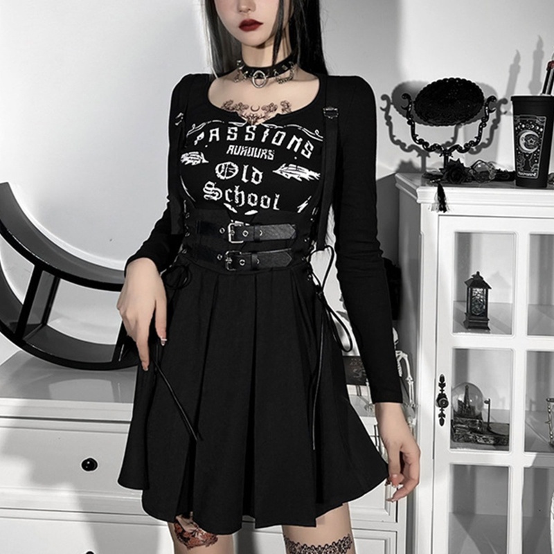Chân Váy Chữ A Mini Màu Đen Phối Dây Thắt Lưng Phong Cách Harajuku Gothic Punk Cho Nữ