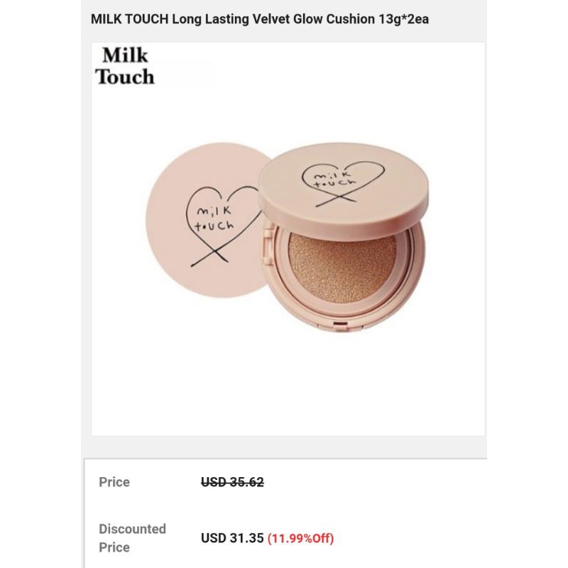 Phấn nước MILK TOUCH Long Lasting Velvet Glow Cushion