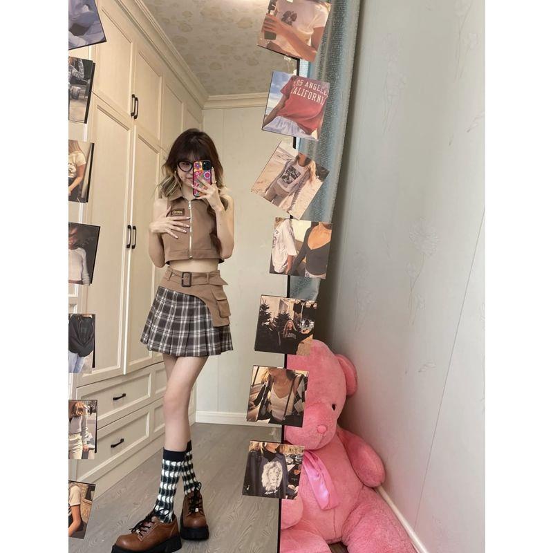 Bộ Đồ Ba Món Áo Khoác Ngắn Kẻ Sọc + Áo Vest Cổ POLO + Chân Váy Xếp Ly Lưng Cao Thời Trang Xuân Hè 2022 Phong Cách Mới Dành Cho Bạn Nữ