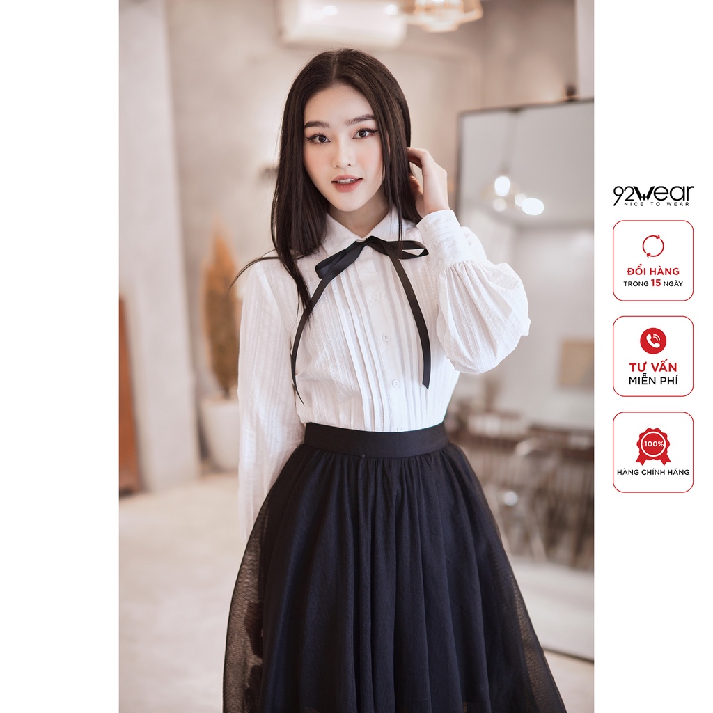 Áo sơ mi nữ dài tay 92WEAR, thiết kế cổ vuông thắt nơ nữ tính, điệu đà ASA2209