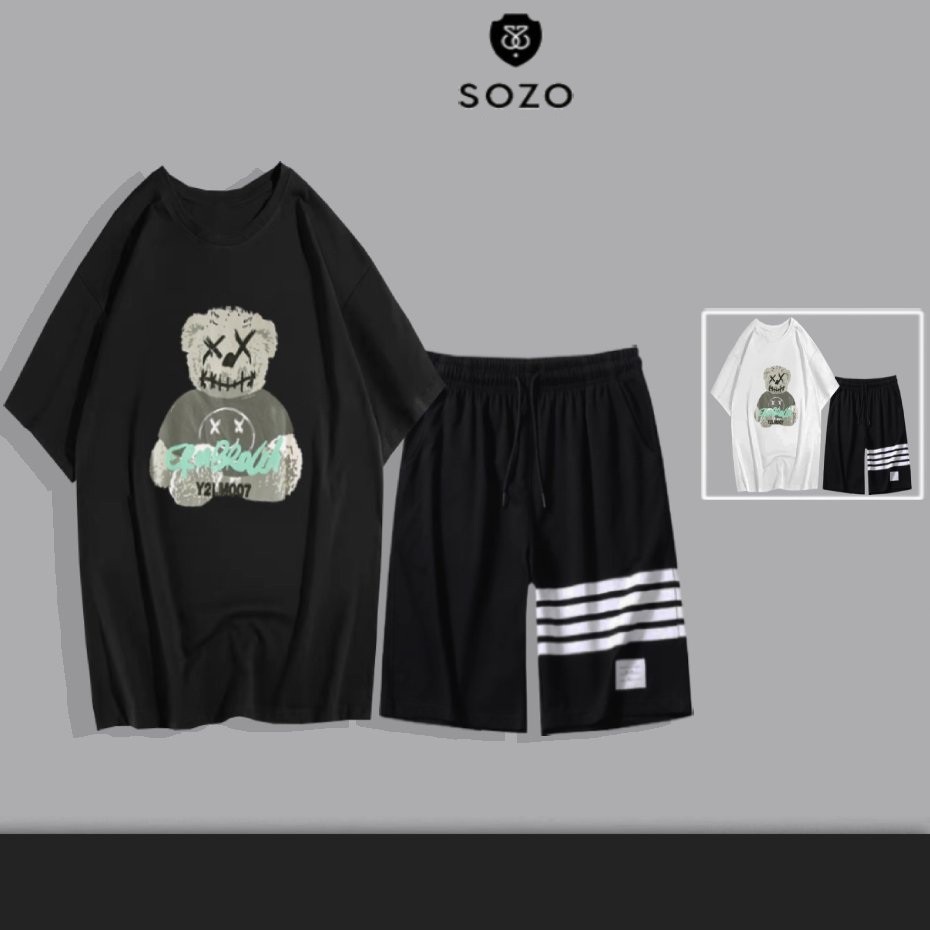 Set Bộ 2 Món Quần Shorts + Áo Thun Nam Chất Vải Thun CB2_MAT173TH_MSH001THDEF6 (Gấu Bông + 3 Kẻ Ngang)