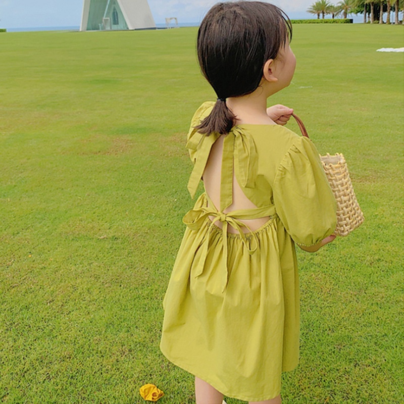 Váy cho bé gái Đầm Công Chúa Tay Phồng Ngắn Hở Lưng Màu Trơn Thời Trang Mùa Hè Cho Bé Gái 1-6 Tuổi