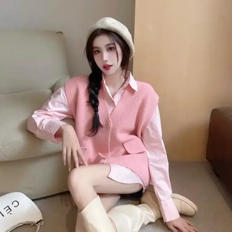 Áo Sơ Mi Tay Dài Dáng Rộng + Áo Len Dệt Kim Cổ Chữ V Phong Cách Hàn Quốc Thời Trang Xuân Thu 2022 Dành Cho Bạn Nữ