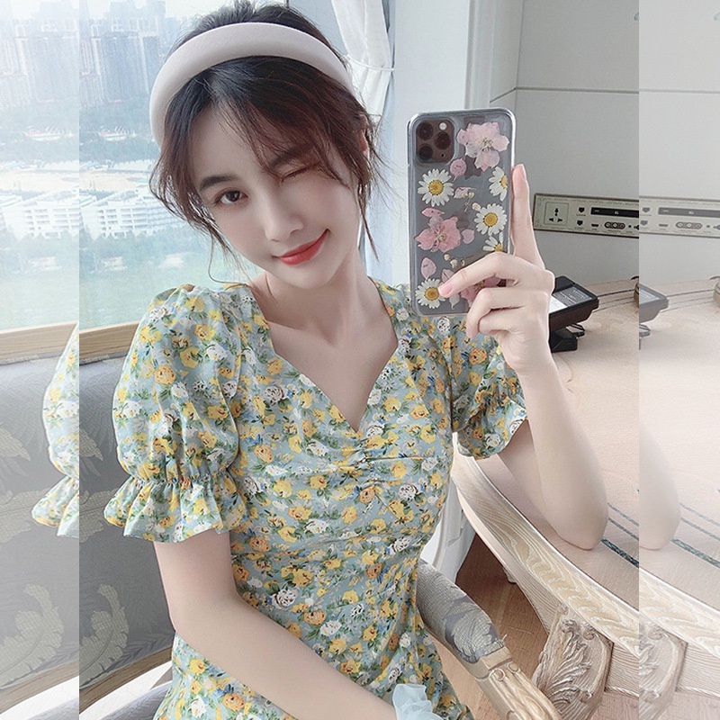 Đầm tay phồng váy đi biển đầm dài váy xẻ tà váy tiểu thư sang chảnh váy cổ v váy hoa nhí vintage đầm bigsize nữ váy nữ xinh váy đi chơi đầm đi tiệc đầm nữ
