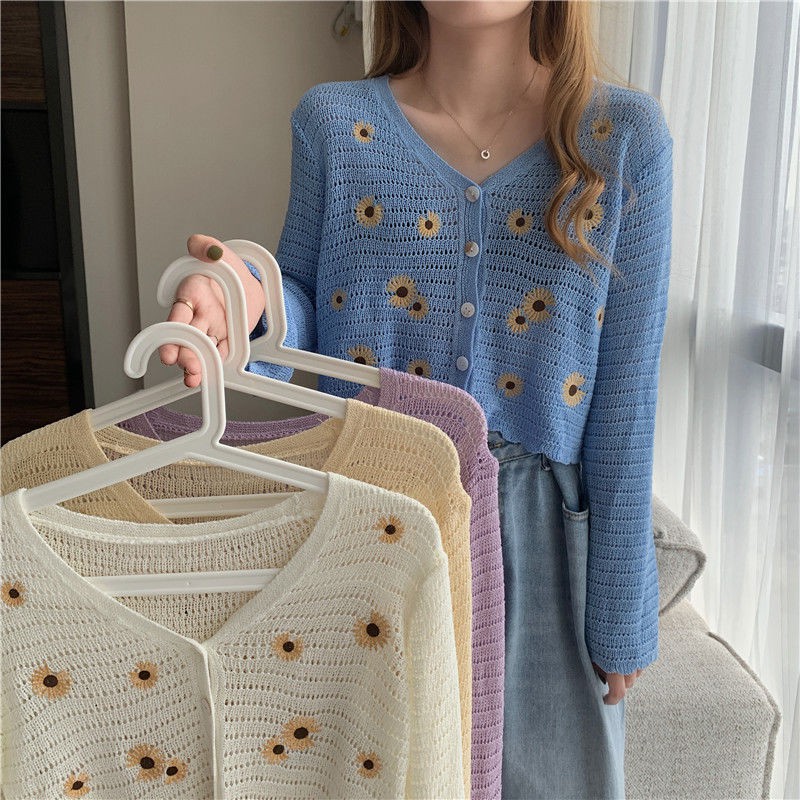 Áo Khoác Cardigan Tay Dài Cổ Chữ V Họa Tiết Hoa Thời Trang Cho Nữ