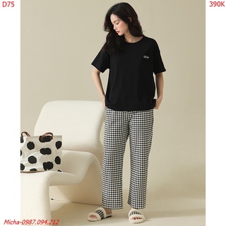 Bộ đồ nữ mặc nhà cotton spandex áo đen quần kẻ caro - Micha D75