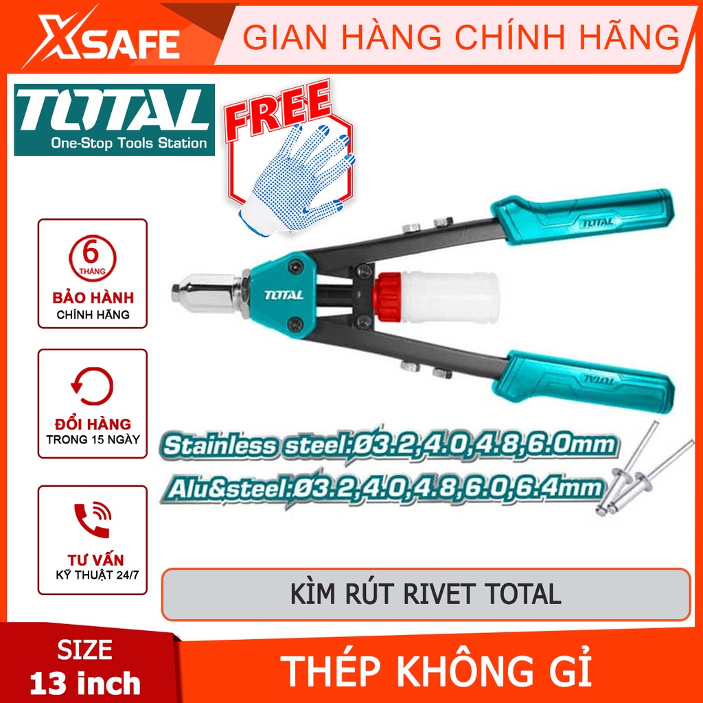 Kìm rút rivet TOTAL THT32131 Kềm rút đinh tán size 13, chất liệu tay cầm thép + nhôm, dùng rút rivet thép, gỡ bỏ đinh