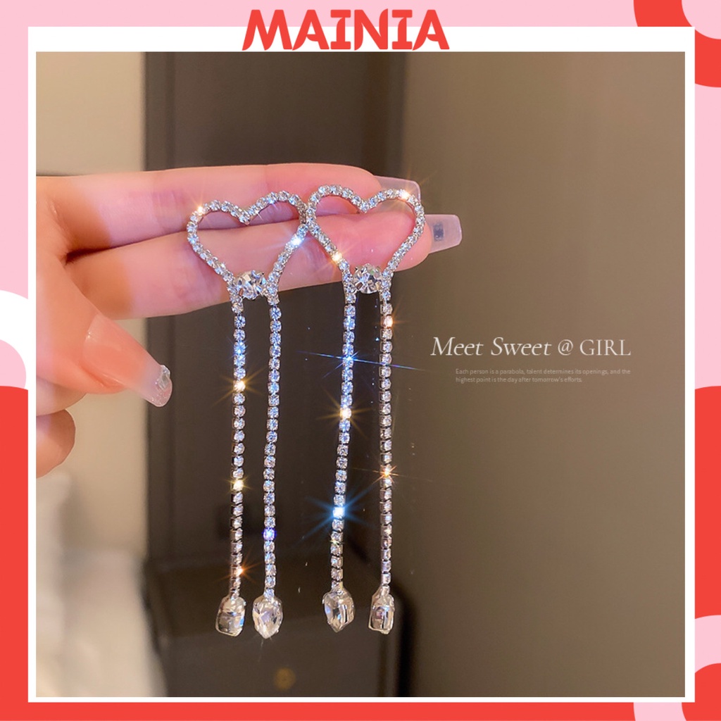 Bông Tai Dáng Dài Hình Trái Tim Đính Đá 2 Dây Tua Phong Cách Tiểu Thư Siêu Sang Chảnh Dự Tiệc Mainia Shop