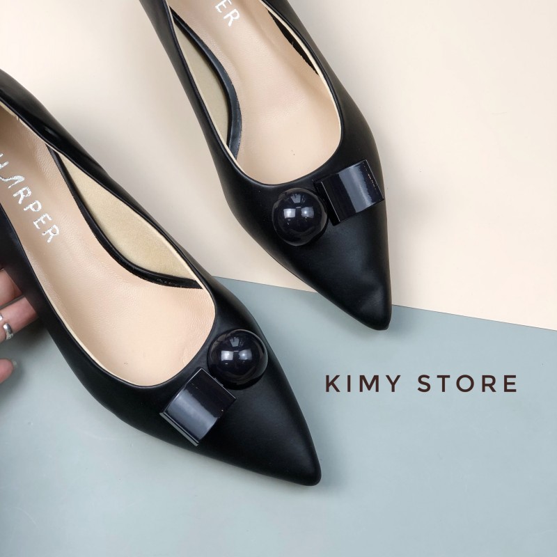 Giày công sở nữ mũi nhọn logo vuông tròn, gót giọt nước cao 3cm - Hàng VNXK - Kimy Store