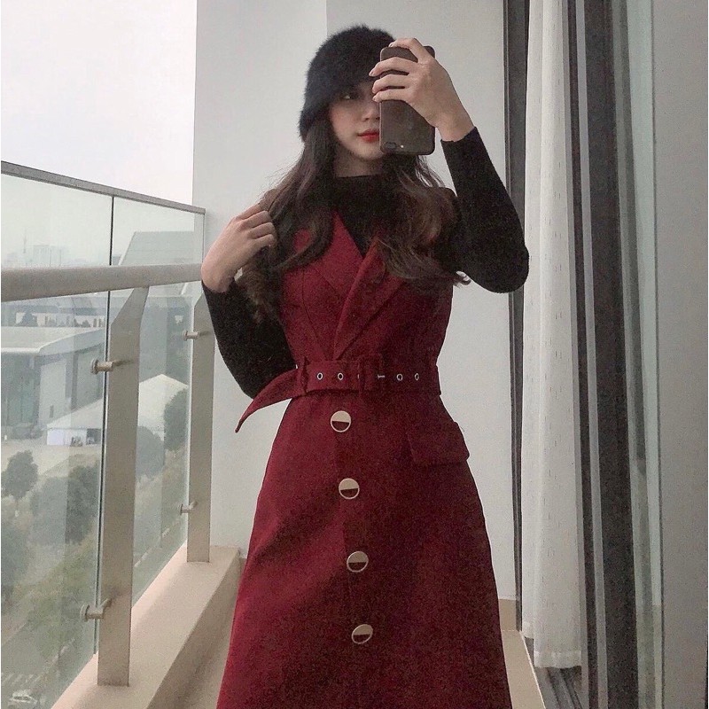 (Ảnh thật) Set váy cổ vest áo len cổ lọ thời trang công sở