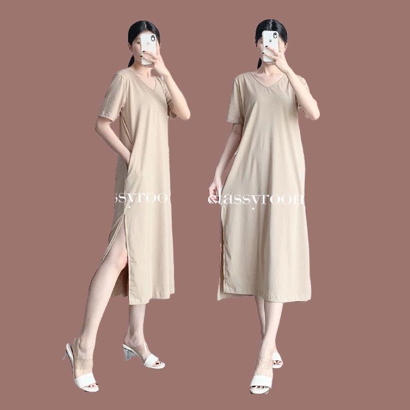 Vritz Đầm MAXI Cổ Chữ V Tay Ngắn Màu Be/Đen/Tím/Be Phong Cách Quân Đội Cho Nữ