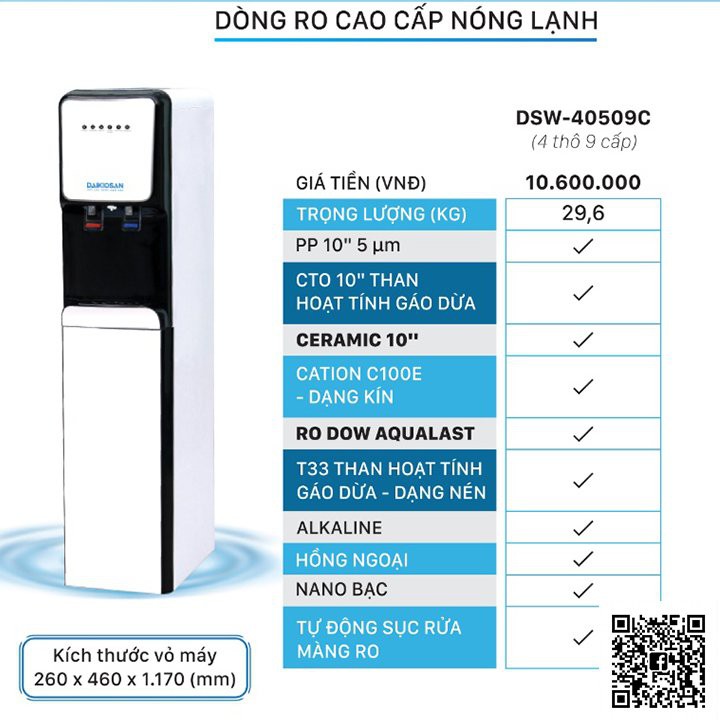 Máy lọc nước tinh khiết RO nóng lạnh cao cấp Daikiosan DSW-40509C