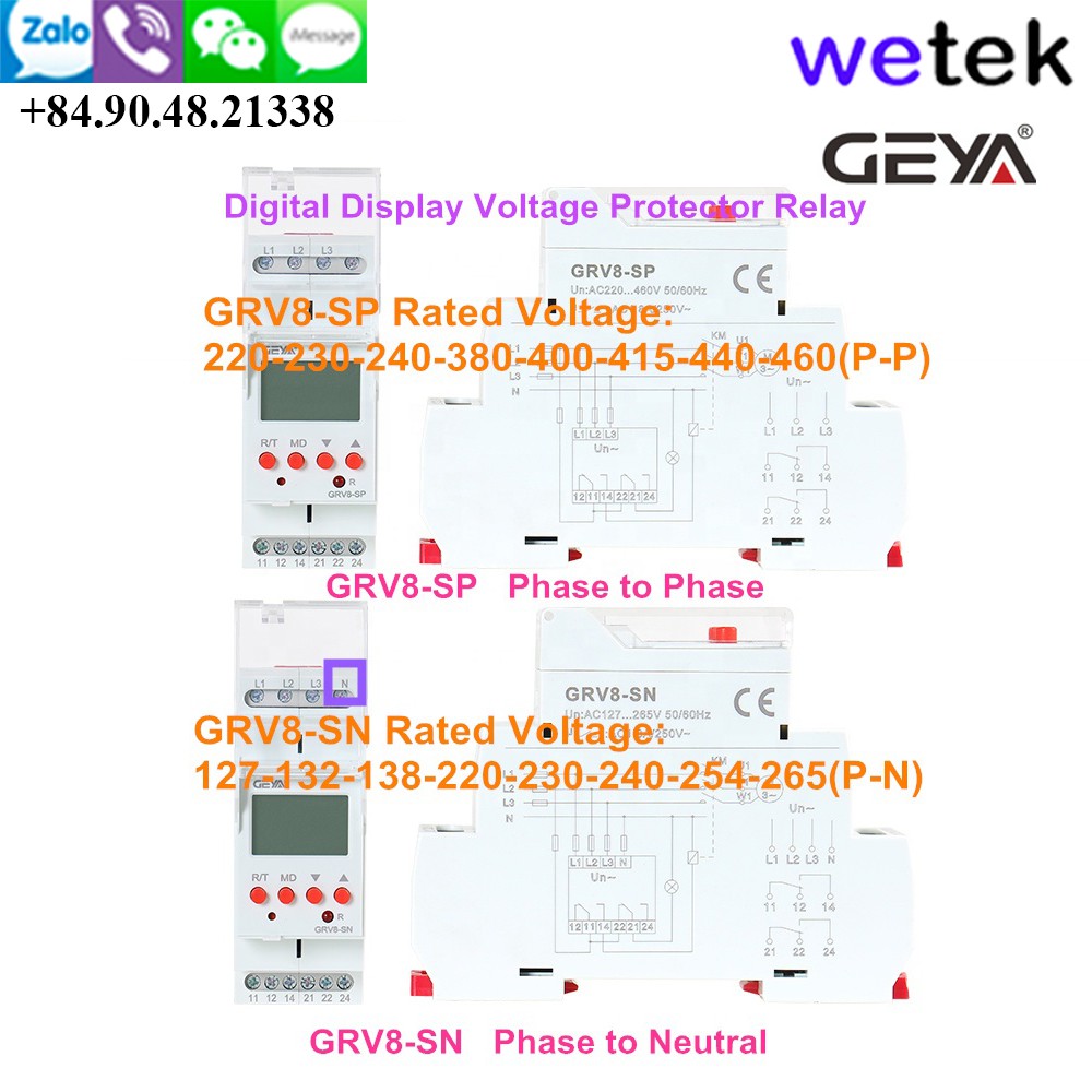 Wetek | Geya GRV8-SN Relay điện áp 3 pha, điện tử, màn LCD, cao thấp áp, mất pha, ngược pha, mất cân bằng pha, 36mm