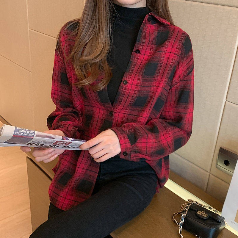 Áo Sơ Mi Cotton Dáng Rộng Kẻ Sọc Caro Đỏ Thời Trang Mùa Thu Hàn Quốc Hàng Mới 2020 Cho Nữ
