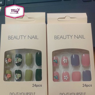 Set 24 móng tay giả đính charm hoa kèm đá lấp lánh móng ngắn đẹp thanh lịch CF