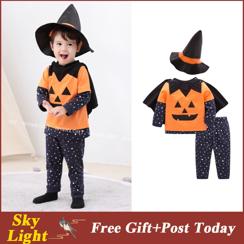 Halloween Costume Children's Long Sleeve Suit Pumpkin Set Baby Boy Kids Clothing Outfit 4-Piece Set