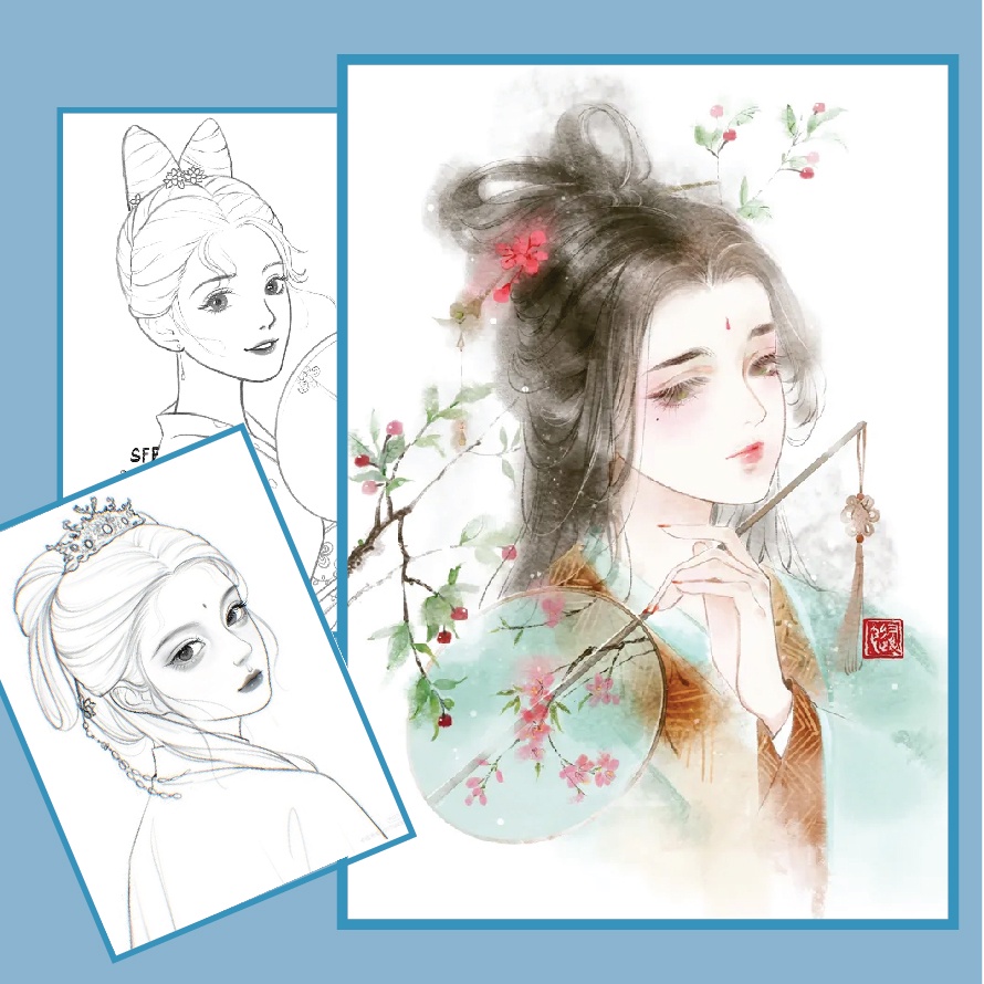 Tranh tô màu nước anime chân dung thiếu nữ trung quốc bộ 12 tranh giấy dầy đẹp