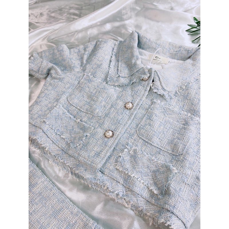 [SẴN S-Có ảnh thật] Set áo+ chân váy dạ tweed xanh babyblue nút ngọc vintage SAM SAM BOUTIQUE | BigBuy360 - bigbuy360.vn