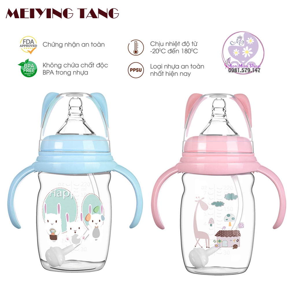 Bình sữa cổ rộng vừa máy Avent/ Spectra dung tích 220ml có tay cầm - Meiying Tang PPSU với núm ti siêu mềm van chống sặc