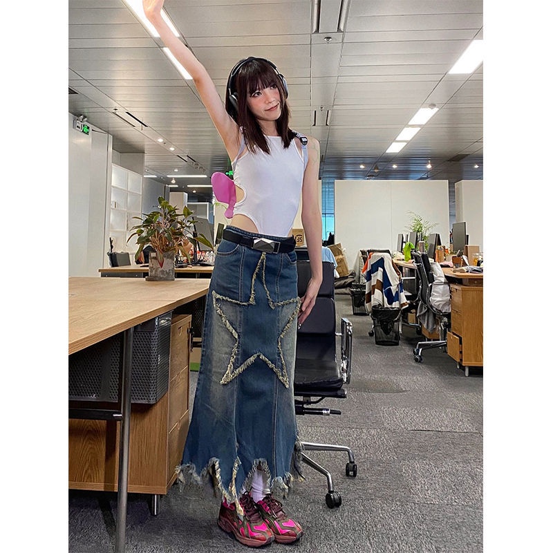 ♕Chân Váy Denim Lưng Thấp Phối Hình Ngôi Sao Phong Cách Mùa Hè Mới mm2022