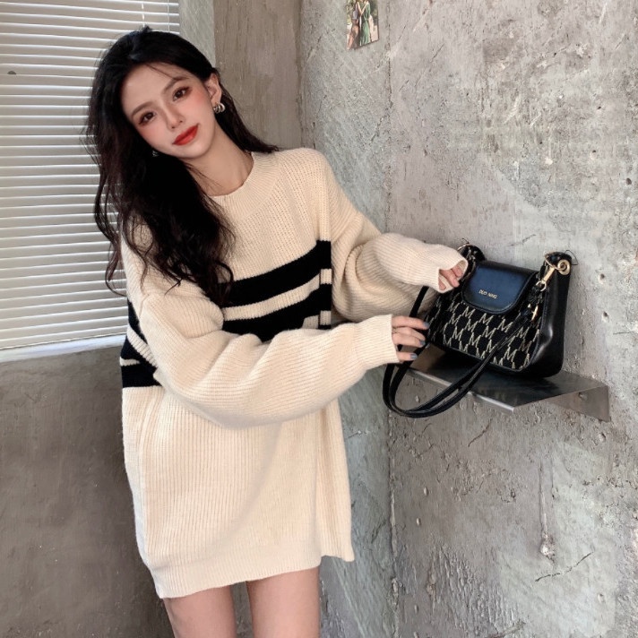 COZOK Áo thun tay dài dáng rộng kẻ sọc đa năng thời trang