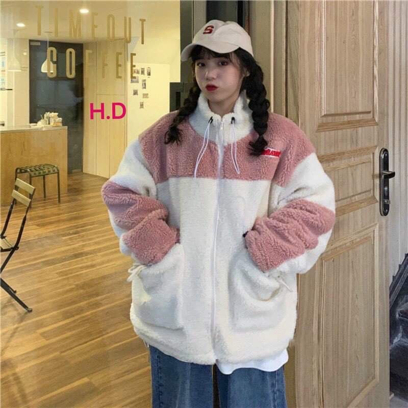 Áo Khoác lông cừu Ulzzang Thêu CổSweater Hàn QuốcCadigan có khoá kéo thời trang mùa đông Kute Rẻ Hàng hai lớp loại 1