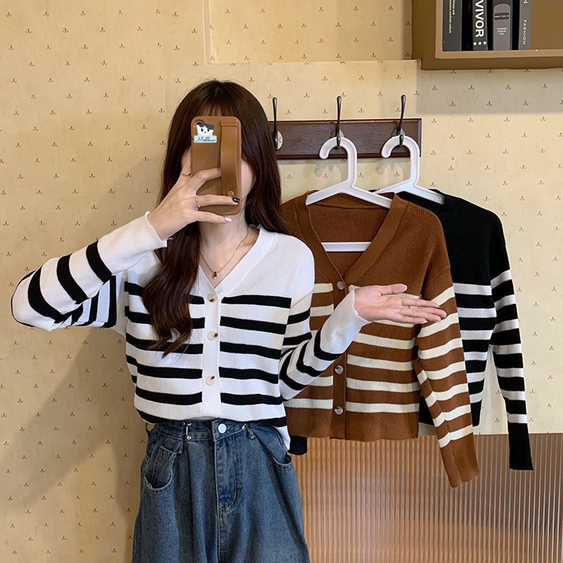 Áo khoác len cardigan nữ kẻ ngang 3 màu vintage phong cách Hàn Quốc siêu hot