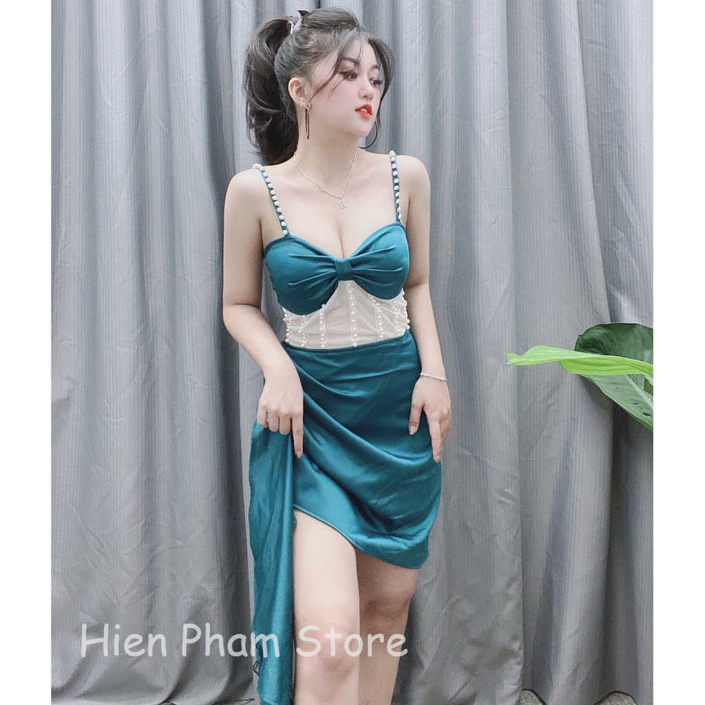 ✔️hienphamstore✔️ Đầm lụa 2  dây bèo đính cườm cao cấp, phôi lưới  đi tiệc - DN7187