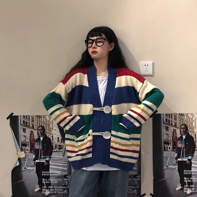 [HÀNG ORDER] Áo khoác cardigan len đan mềm mịn kẻ ngang sặc sỡ màu form rộng (Ảnh thật ở cuối)