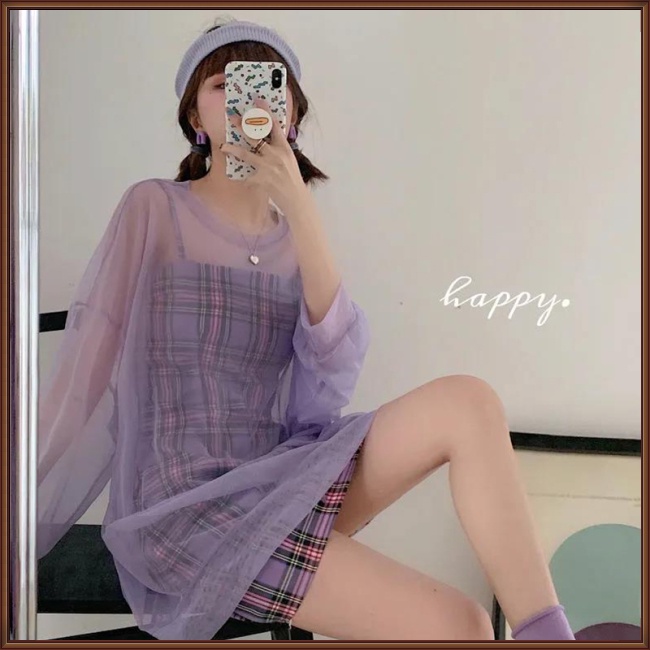 Đầm Hai Dây Màu Tím Kẻ Sọc Caro + Áo Sơ Mi Lưới Chống Nắng Thời Trang Dành Cho Nữ