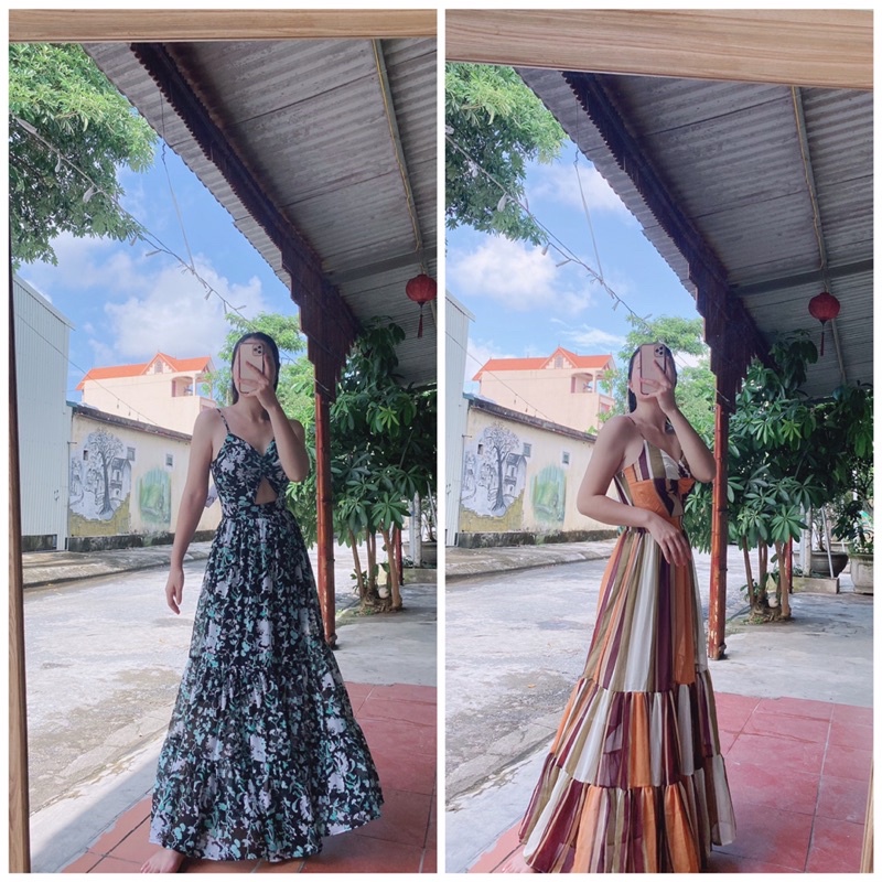 Đầm maxi voan tơ 2 dây dài cut-out ngực cao cấp