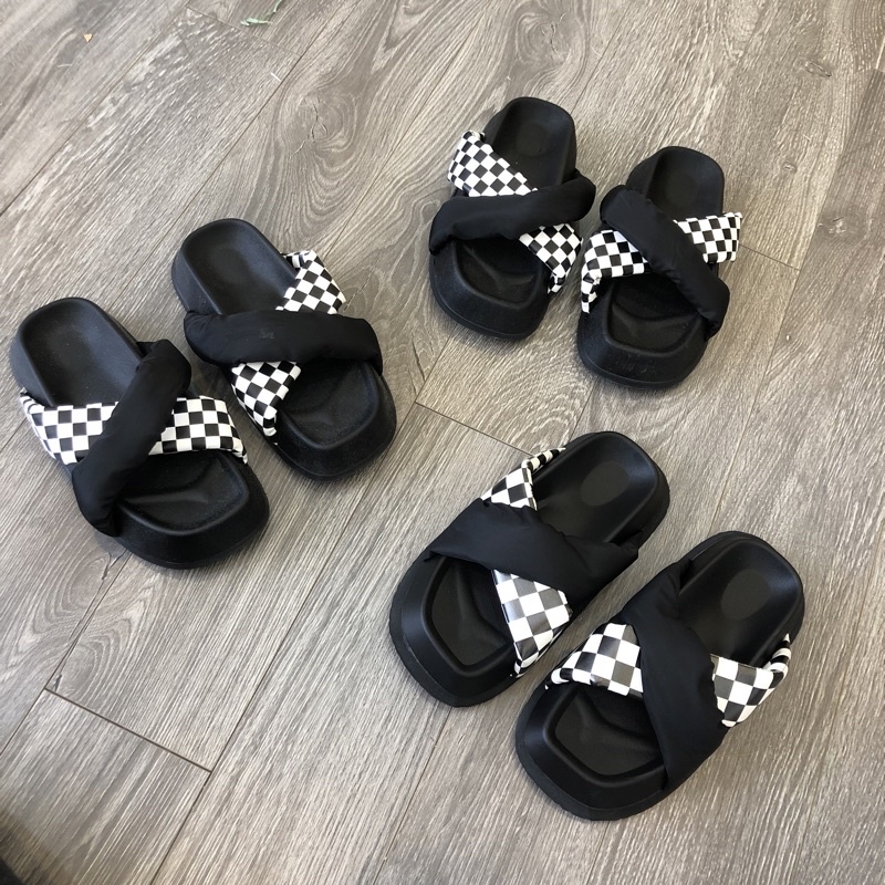 Dép Slipper Canvas Quai Chéo Chữ X Họa Tiết Checkerboard Vintage Kẻ Ô Caro