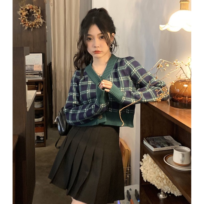 NUZIRO  Áo khoác len cardigan  dáng ngắn cổ chữ V họa tiết sọc caro phong cách retro thời trang cho nữ