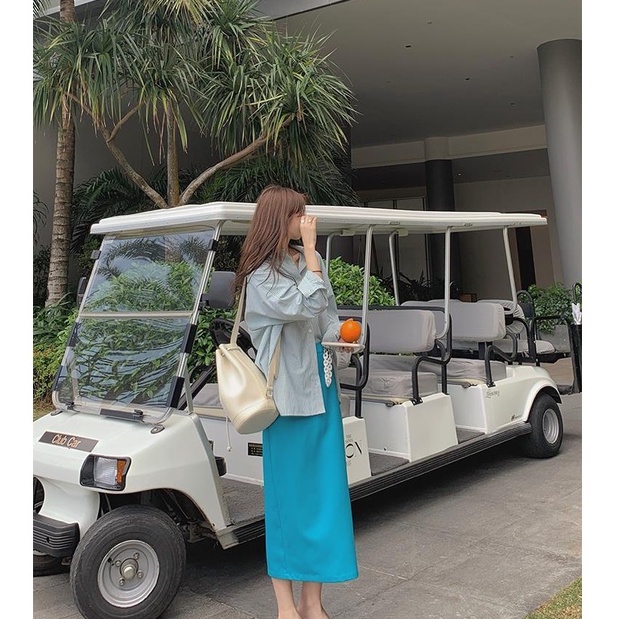 Set Áo Sơ Mi Kẻ Sọc Xanh Dương Phối Chân Váy Xẻ Tà Lưng Cao Thời Trang Hàn Quốc Cá Tính Cho Nữ