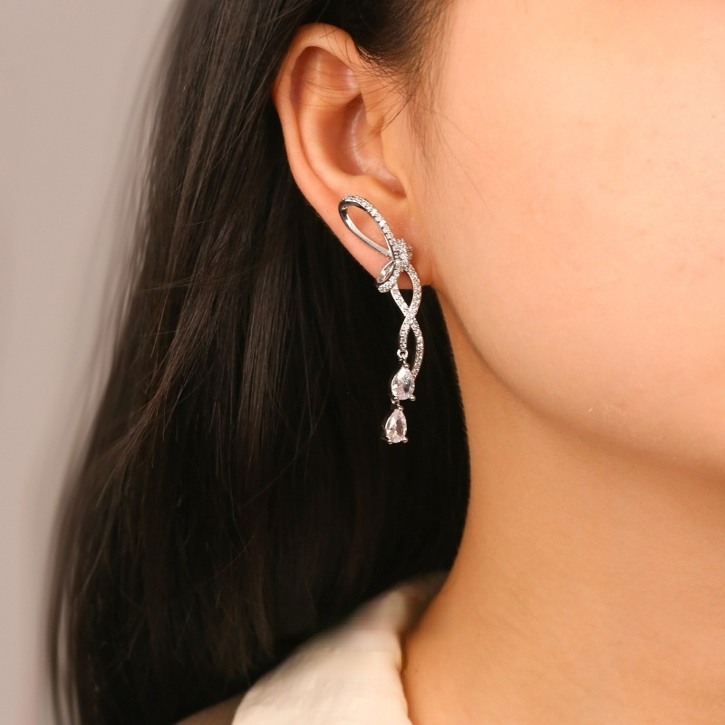 Bông Tai Mạ Bạc 925 Hình Nơ Đính Kim Cương Thời Trang Dành Cho Nữ