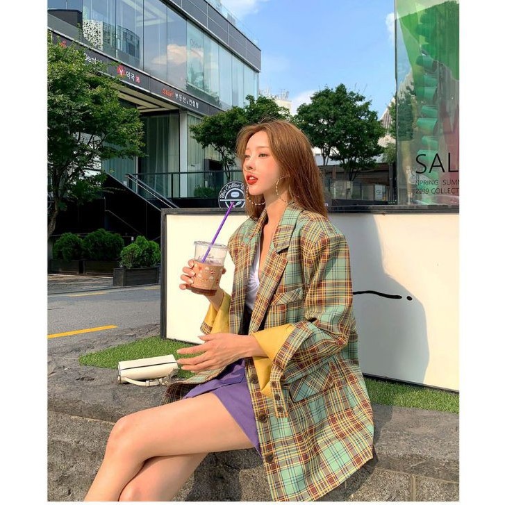 Sẵn Xanh 3(Hàng Đẹp)Ảnh thật 5 hình cuối-HC342.Áo blazer kẻ caro Hàn Quốc chanh xả | BigBuy360 - bigbuy360.vn