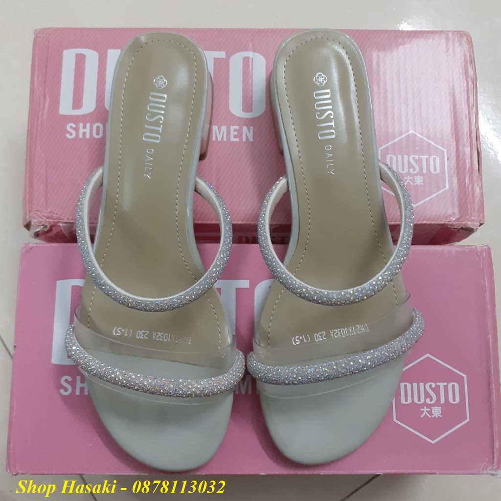 Dép nữ Dusto quai ngang phối ánh kim, gót vuông 3cm
