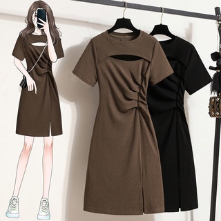 Đầm Thun Dáng Ôm Xẻ Tà Xếp Ly Kiểu Phương Tây Thời Trang Cho Nữ Plus Size
